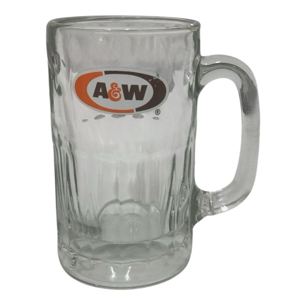 A&W Restaurant Root Beer Large Size Vintage Heavy Clear Glass Logo Mug 6" Tall